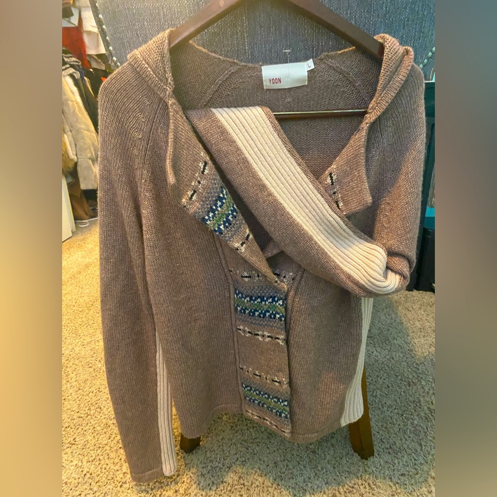 Anthropologie Yoon Women's Taupe and Cream Hooded Cardigan